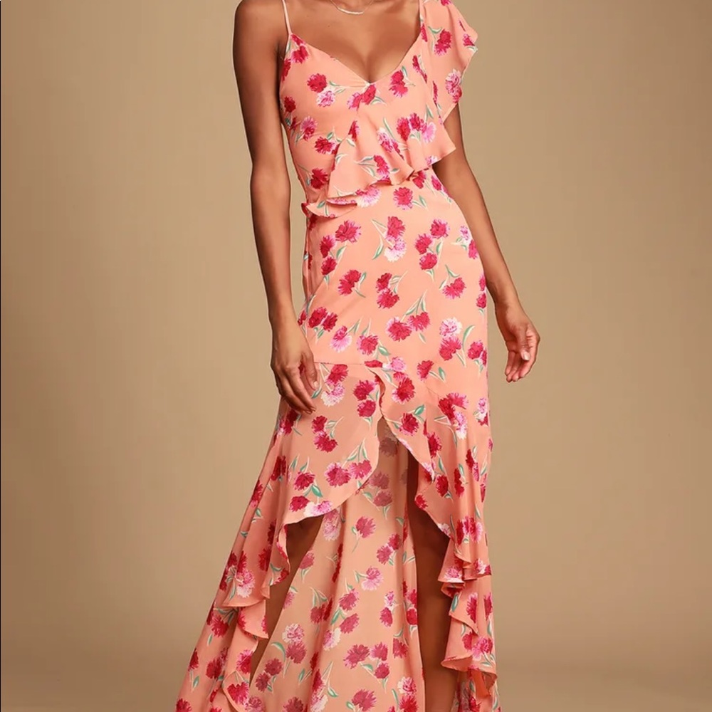 NWT Bloom Forever Coral Orange Floral Print Ruffled High-Low Dress Large Lulus